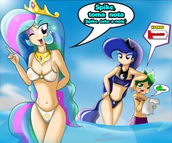 Size: 7087x5906 | Tagged: absurd resolution, artist:ryured, belly button, bikini, blue swimsuit, breasts, clothes, cutie mark swimsuit, delicious flat chest, derpibooru import, female, flatuna, human, humanized, human spike, male, nosebleed, ocean, princess celestia, princess luna, shipping, spanish, spike, spike gets all the mares, spikelestia, spilulestia, spiluna, straight, suggestive, swimsuit, tailed humanization, underwear, white swimsuit