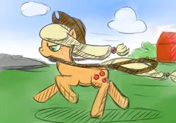 Size: 1000x696 | Tagged: applejack, artist:fapalot, barn, derpibooru import, frown, lasso, mouth hold, rope, running, safe, solo, unamused, windswept mane