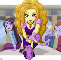 Size: 900x887 | Tagged: safe, artist:uotapo, derpibooru import, adagio dazzle, cloudy kicks, heath burns, velvet sky, equestria girls, rainbow rocks, adoragio, background human, beckoning, cleavage, clothes, cute, female, fingerless gloves, gem, gloves, inviting, looking at you, nail polish, open mouth, pov, raised eyebrow, scene interpretation, siren gem, smiling, smirk, uotapo is trying to murder us