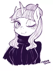 Size: 450x600 | Tagged: anthro, artist:divided-s, beatnik rarity, beret, clothes, derpibooru import, hat, monochrome, pixiv, rarity, safe, solo