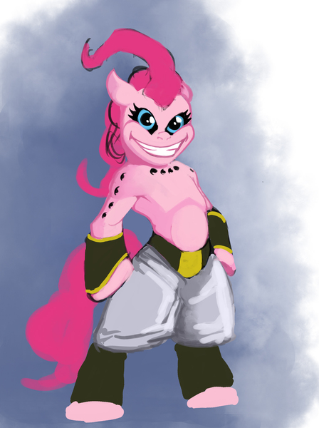 Size: 1000x1339 | Tagged: artist:hattonslayden, buu, crossover, derpibooru import, dragon ball z, fusion, kid buu, pinkie pie, safe, seems legit, smile hd, solo