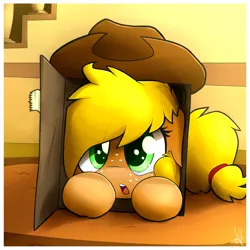 Size: 1500x1500 | Tagged: safe, artist:shinodage, derpibooru import, applejack, pony, :o, box, cardboard box, cowboy hat, cute, daaaaaaaaaaaw, freckles, hat, hnnng, jackabetes, looking at you, pony in a box, prone, silly, silly pony, solo, stetson, weapons-grade cute, who's a silly pony