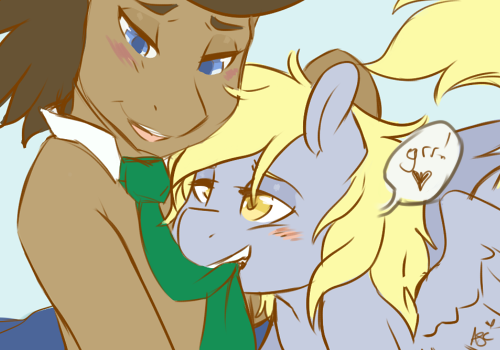 Size: 500x350 | Tagged: artist:mlpfwb, bedroom eyes, biting, derpibooru import, derpy hooves, doctorderpy, doctor whooves, dopeydoctor, dopey hooves, gay, grin, heart, male, mouth hold, necktie, nom, open mouth, rule 63, shipping, smiling, suggestive, time turner