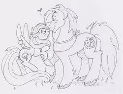 Size: 600x459 | Tagged: safe, artist:inkeed, derpibooru import, big macintosh, rainbow dash, earth pony, pony, bronycon, boop, commission, eyes closed, fluffy, heart, inked, lineart, male, monochrome, noseboop, nuzzling, rainbowmac, raised hoof, shipping, size difference, smiling, smoldash, spread wings, stallion, straight, traditional art, unshorn fetlocks