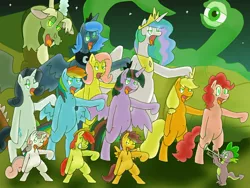 Size: 1500x1125 | Tagged: safe, artist:kushina13, derpibooru import, apple bloom, applejack, discord, fluttershy, pinkie pie, princess celestia, princess luna, rainbow dash, rarity, scootaloo, spike, sweetie belle, twilight sparkle, twilight sparkle (alicorn), alicorn, alien, draconequus, earth pony, pegasus, pony, unicorn, zombie, belly button, bipedal, brain eating meteor, brainless, brains!, crossover, cutie mark crusaders, drool, eyes closed, female, grin, mane seven, mane six, mare, mind control, musical instrument, open mouth, pixiv, s1 luna, smiling, the grim adventures of billy and mandy, tongue out, trumpet, voltaire