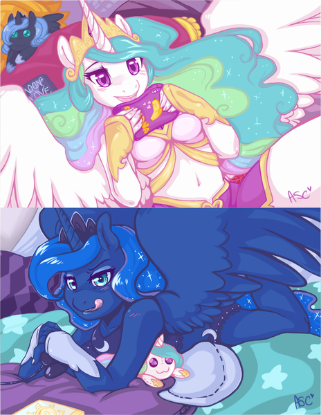 Size: 993x1283 | Tagged: suggestive, artist:mlpfwb, derpibooru import, princess celestia, princess luna, anthro, bedroom eyes, belly button, blushing, breasts, clothes, controller, frilly underwear, licking, licking lips, lingerie, looking at you, midriff, on back, pajamas, panties, plushie, purple underwear, smiling, spread wings, tongue out, underwear