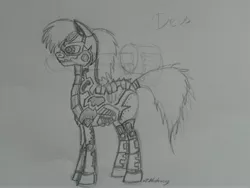 Size: 2048x1536 | Tagged: artist:petunedrop, cyborg, derpibooru import, fallout equestria, fallout equestria: project horizons, monochrome, oc, oc:deus, semi-grimdark, traditional art, unofficial characters only