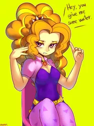Size: 2200x2936 | Tagged: safe, artist:maren, derpibooru import, adagio dazzle, human, equestria girls, rainbow rocks, adoragio, breasts, cleavage, clothes, cute, dialogue, female, gem, jewelry, leggings, looking at you, necklace, orange hair, pendant, pink eyes, simple background, siren gem, solo, spiked headband, talking to viewer, yellow background