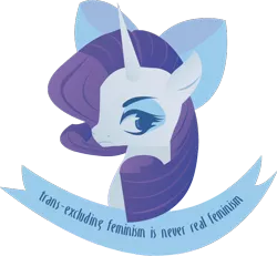 Size: 694x641 | Tagged: safe, artist:lionsca, derpibooru import, rarity, pony, unicorn, bow, bust, female, feminism, feminist ponies, hair bow, horn, image, lineless, mare, mouthpiece, png, politics, portrait, pride, profile, social justice, solo, subversive kawaii, text, transgender