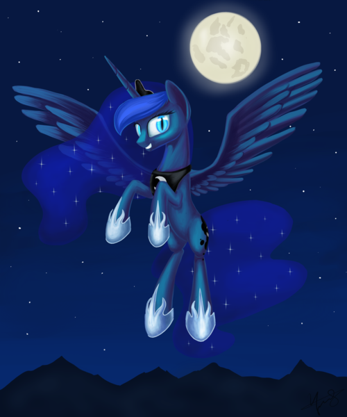 Size: 2500x3000 | Tagged: artist:1nakir1, derpibooru import, flying, grin, looking at you, moon, night, nightmare luna, princess luna, safe, sky, slit eyes, smiling, solo, spread wings, squee