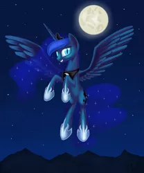 Size: 2500x3000 | Tagged: artist:1nakir1, derpibooru import, flying, grin, looking at you, moon, night, nightmare luna, princess luna, safe, sky, slit eyes, smiling, solo, spread wings, squee