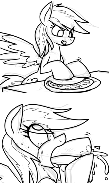 Size: 600x1000 | Tagged: ahegao, artist:reiduran, dead source, deepthroat, derpibooru import, monochrome, oral, pizza, questionable, rainbow dash, sex, solo, that pony sure does love pizza, throat bulge