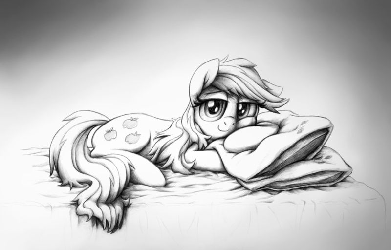 Size: 1100x704 | Tagged: applejack, artist:verulence, bed, derpibooru import, edit, fix, grayscale, looking at you, loose hair, monochrome, morning ponies, pillow, prone, safe, solo