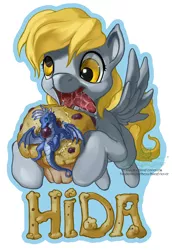 Size: 900x1309 | Tagged: safe, artist:the-sixthleafclover, derpibooru import, derpy hooves, dragon, pegasus, pony, drool, female, flying, mare, muffin, solo