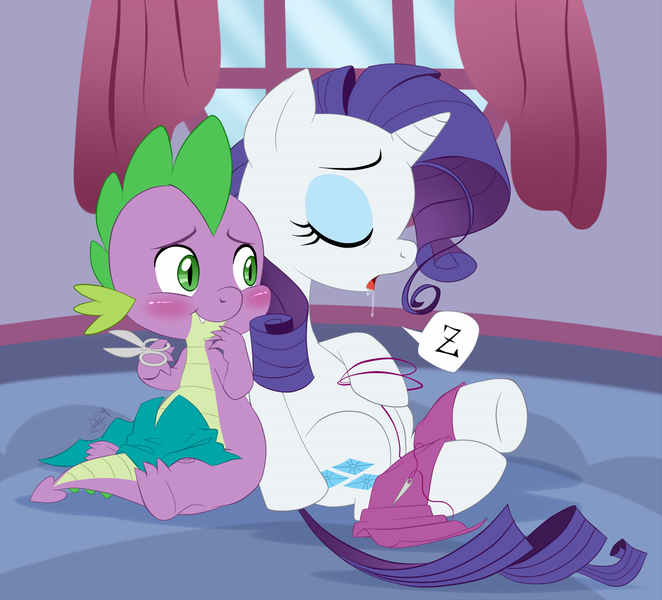 Size: 1200x1088 | Tagged: safe, artist:pia-sama, derpibooru import, rarity, spike, dragon, pony, unicorn, baby, baby dragon, blushing, carousel boutique, cloth, curtains, cute, cutie mark, drool, fabric, female, male, mare, raribetes, scissors, sewing needle, shipping, sitting, sleeping, sparity, spikabetes, straight, window, z