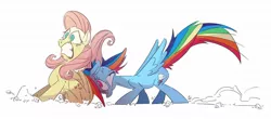 Size: 1280x562 | Tagged: angry, artist:gouviac, derpibooru import, duo, fluttershy, headbutt, partial color, pegasus, pushing, rainbow dash, safe, scared, simple background, sitting, vein bulge, white background