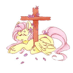 Size: 300x300 | Tagged: artist:heavenlygalaxies, cross, crying, derpibooru import, eyes closed, flower in hair, fluttershy, sad, safe, simple background, solo, transparent background