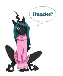 Size: 1024x1226 | Tagged: artist:kmwolf, changeling, changeling queen, clothes, cute, cutealis, derpibooru import, dialogue, female, filly, filly queen chrysalis, foal, hairband, head tilt, huggle, hug request, looking at you, nymph, one eye closed, queen chrysalis, safe, smiling, smiling at you, solo, sweater, teenager, wink, younger