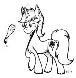 Size: 2015x2064 | Tagged: safe, artist:wirelesspony, derpibooru import, oc, oc:gyro tech, unofficial characters only, pony, unicorn, magic, male, monochrome, solo, stallion, telekinesis, traditional art, wine