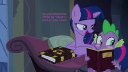 Size: 1920x1080 | Tagged: suggestive, derpibooru import, spike, twilight sparkle, twilight sparkle (alicorn), alicorn, dragon, pony, blushing, book, cock worship, exploitable meme, female, implied cloaca, male, mare, meme, spike blushing at a book meme, vulgar, we don't normally wear clothes
