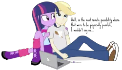 Size: 1040x600 | Tagged: safe, artist:dm29, derpibooru import, twilight sparkle, oc, equestria girls, ask, canon x oc, computer, duo, laptop computer, simple background, transparent background, tumblr