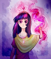 Size: 863x1000 | Tagged: safe, artist:ange4l, derpibooru import, twilight sparkle, human, big crown thingy, element of magic, humanized, magic, solo