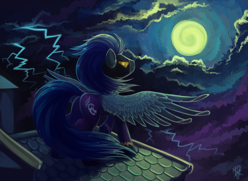 Size: 2500x1824 | Tagged: artist:dragonataxia, clothes, derpibooru import, lightning, moon, night, safe, shadowbolts, shadowbolts costume, solo, spread wings