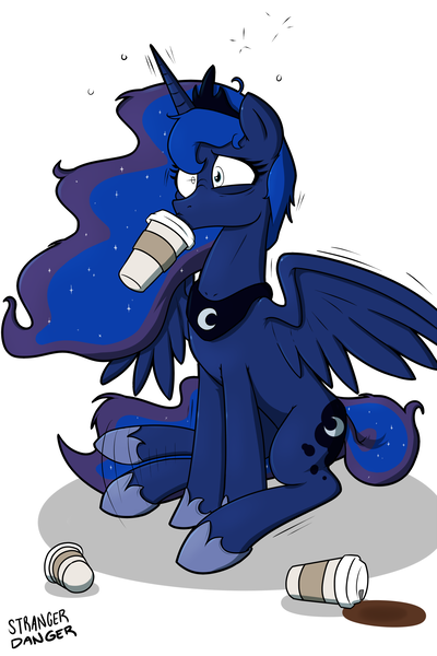 Size: 1280x1920 | Tagged: safe, artist:strangerdanger, derpibooru import, princess luna, caffeine, coffee, drinking, hoof tapping, leg twitch, luna found the coffee, messy mane, mismatched eyes, shivering, sitting, solo, spread wings, wide eyes, wingding eyes