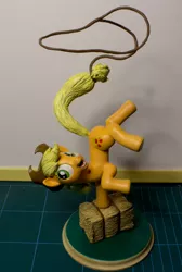Size: 2178x3233 | Tagged: action pose, applejack, artist:atryl, artist:the-lag-master, balancing, craft, derpibooru import, figure, hay, hay bale, lasso, open mouth, prehensile tail, rope, safe, sculpture, smiling, solo