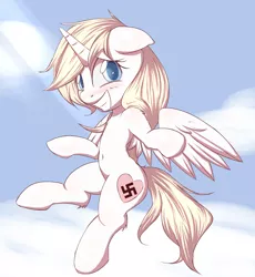 Size: 1750x1904 | Tagged: safe, artist:aryanne, derpibooru import, oc, oc:aryanne, unofficial characters only, alicorn, pony, alicorn oc, alicornified, belly button, blonde, blushing, chest fluff, cloud, cloudy, colored pupils, cute, ear fluff, female, floppy ears, flying, grin, heart, heaven, horn, leg fluff, looking at you, mare, nazi, nervous, nervous grin, princess, princess aryanne, race swap, shoulder fluff, shrug, shy, smiling, solo, sunlight, swastika, wings