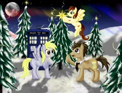 Size: 2224x1700 | Tagged: safe, artist:starletnightwind, derpibooru import, derpy hooves, doctor whooves, time turner, oc, pegasus, pony, aurora borealis, doctor who, female, mare, moon, night, raised hoof, snow, tardis