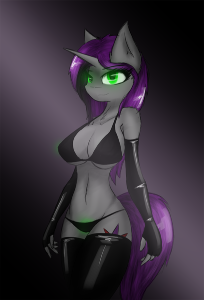 Size: 612x898 | Tagged: anthro, anthro oc, artist:ninjapony, aura spark, bra, breasts, clothes, derpibooru import, glow, glowing eyes, glowing genitals, glowing nipples, nudity, oc, oc:aura spark, panties, radioactive pussy, solo, suggestive, underwear, unofficial characters only