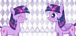 Size: 1456x700 | Tagged: safe, artist:dyql11, derpibooru import, twilight sparkle, twilight sparkle (alicorn), alicorn, pony, unicorn, adorkable, cute, dork, duality, eyes closed, female, height difference, mare, older, pixiv, self ponidox, smiling, solo, time paradox, twiabetes, unicorn twilight