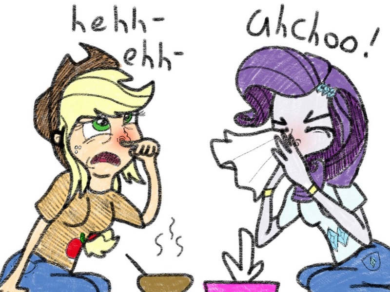 Size: 1024x768 | Tagged: applejack, artist:rare-rarity-fan, cold, duo, human, humanized, nose blowing, nostril flare, pre sneeze, rarity, safe, sick, sneezing, sneezing fetish, soup, tissue, tissue box