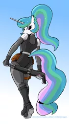 Size: 720x1280 | Tagged: anthro, artist:duragan, ass, bedroom eyes, boots, clothes, cosplay, derpibooru import, dino crisis, fingerless gloves, gloves, gun, leotard, ponytail, princess celestia, regina, shotgun, solo, suggestive, tight clothing, weapon