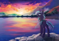 Size: 1024x718 | Tagged: artist:margony, changeling, changeling oc, derpibooru import, lake, oc, reflection, rock, safe, scenery, solo, stars, sun, unofficial characters only, water