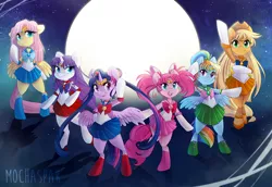 Size: 1000x688 | Tagged: safe, artist:mochaspar, derpibooru import, applejack, fluttershy, pinkie pie, rainbow dash, rarity, twilight sparkle, twilight sparkle (alicorn), alicorn, pony, bipedal, clothes, cosplay, crossover, dress, female, magical girl, mane six, mare, sailor moon