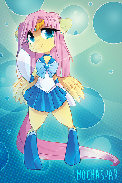 Size: 400x600 | Tagged: safe, artist:mochaspar, derpibooru import, fluttershy, pony, bipedal, cosplay, sailor mercury, sailor moon, solo