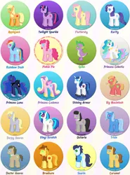 Size: 570x771 | Tagged: safe, artist:zoo977, derpibooru import, applejack, big macintosh, braeburn, caramel, derpy hooves, doctor whooves, fluttershy, octavia melody, pinkie pie, princess cadance, princess celestia, princess luna, rainbow dash, rarity, shining armor, soarin', spike, time turner, trixie, twilight sparkle, twilight sparkle (alicorn), vinyl scratch, alicorn, pony, friendship is witchcraft, apple, book, female, flutteryay, food, mane six, mare, old cutie mark, pie, that pony sure does love apples, that pony sure does love books, that pony sure does love pies, yay