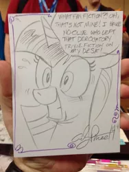 Size: 600x800 | Tagged: artist:andypriceart, caught, denial, derpibooru import, fanfic, implied twixie, lies, nervous, safe, shipper on deck, traditional art, twilight loves fanfiction, twilight sparkle