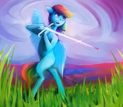 Size: 4244x3698 | Tagged: absurd resolution, anthro, artist:sharpieboss, belly button, rainbow dash, semi-grimdark, solo, sword