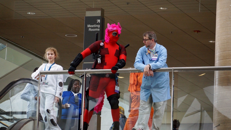 Size: 6000x3376 | Tagged: 2014, bronycon, convention, cosplay, deadpool, derpibooru import, human, irl, irl human, photo, pinkie pie, safe, stare