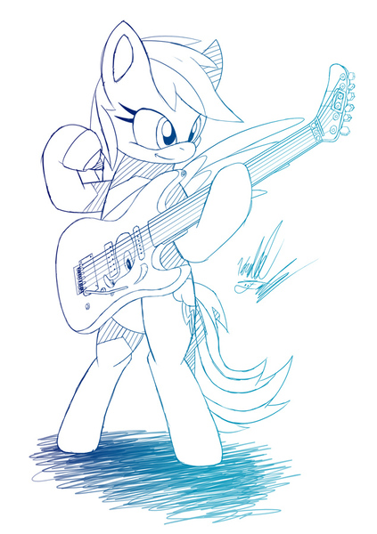 Size: 635x900 | Tagged: safe, artist:fuzon-s, derpibooru import, rainbow dash, pegasus, pony, bipedal, crush 40, female, gradient lineart, guitar, image, jpeg, male, mare, monochrome, signature, simple background, sketch, smiling, solo, sonic the hedgehog, sonic the hedgehog (series), spread wings, white background