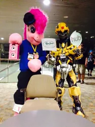 Size: 540x720 | Tagged: 2014, artist needed, bronycon, bumblebee, convention, cosplay, crossover, derpibooru import, fursuit, hasbro, hubble, human, irl, irl human, photo, pinkie pie, rapper pie, safe, sign, transformers