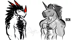 Size: 1024x576 | Tagged: safe, artist:bgn, derpibooru import, king sombra, oc, oc:nado, anthro, unicorn, chest hair, duo, duo male, hairy, horns, male, species swap