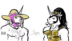 Size: 1024x576 | Tagged: safe, artist:bgn, derpibooru import, king sombra, oc, oc:nado, anthro, unicorn, chest hair, clothes, crossdressing, crown, dress, hairy, hat, male, moobs, rocket bra, stupid sexy sombra, sun hat