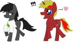 Size: 2183x1312 | Tagged: safe, derpibooru import, oc, oc:flick, oc:flick transition, oc:scoots, unofficial characters only, alicorn, pony, alicorn oc, female, flirt, male, mare, melon, rule 63, stallion, watermelon