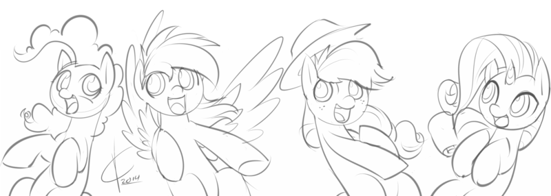 Size: 1400x500 | Tagged: applejack, artist:valcron, derpibooru import, happy, monochrome, open mouth, pinkie pie, rainbow dash, rarity, safe, sketch, wip