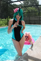 Size: 470x695 | Tagged: artist:amazonmandy, clothes, cosplay, derpibooru import, human, irl, irl human, oc, oc:fluffle puff, one-piece swimsuit, photo, queen chrysalis, safe, sunglasses, swimming pool, swimsuit, water