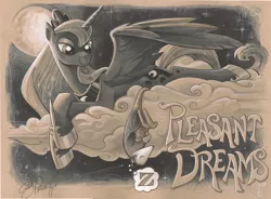 Size: 900x661 | Tagged: safe, artist:andypriceart, derpibooru import, idw, princess luna, tiberius, alicorn, pony, animal, cloud, cloudy, eyes closed, female, hanging, mare, monochrome, moon, night, prone, sleeping, smiling, spread wings, thought bubble, traditional art, upside down, z